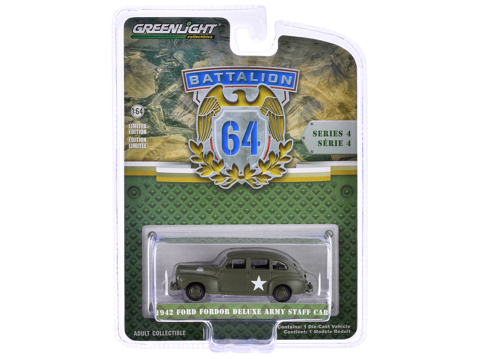 1942 Ford Fordor Deluxe "Army Staff Car" Matt Olive Green "Battalion 64" Series 4 1/64 Diecast Model Car by Greenlight