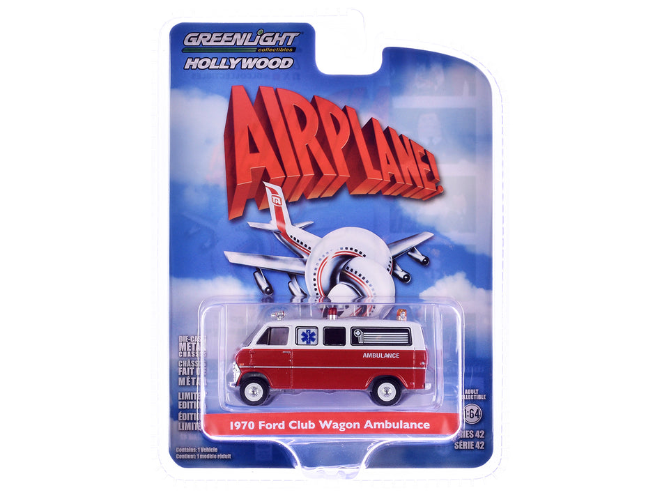 1970 Ford Club Wagon Ambulance Red and White "Airplane!" (1980) Movie "Hollywood Series" Release 42 1/64 Diecast Model Car by Greenlight