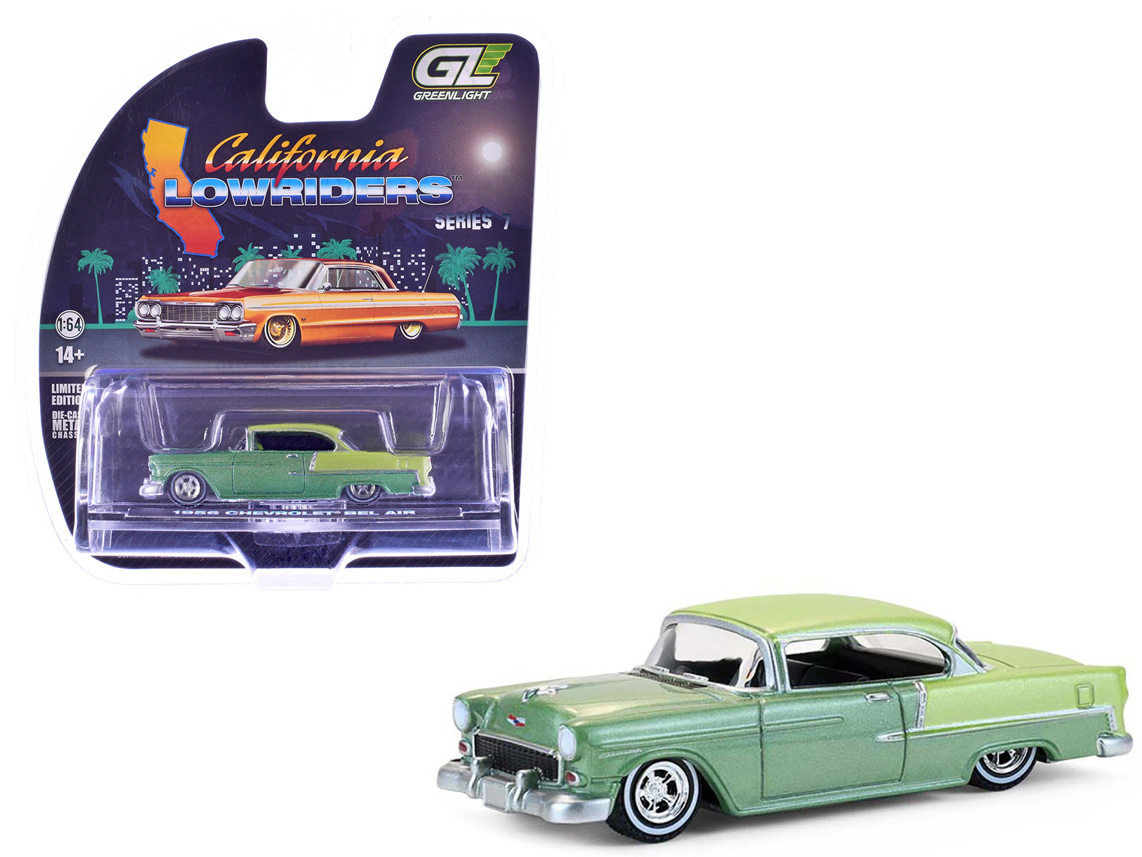 1956 Chevrolet Bel Air Lowrider Laurel Green Metallic and Crocus Yellow Two-Tone with Green Interior "California Lowriders" Series 7 1/64 Diecast Model Car by Greenlight