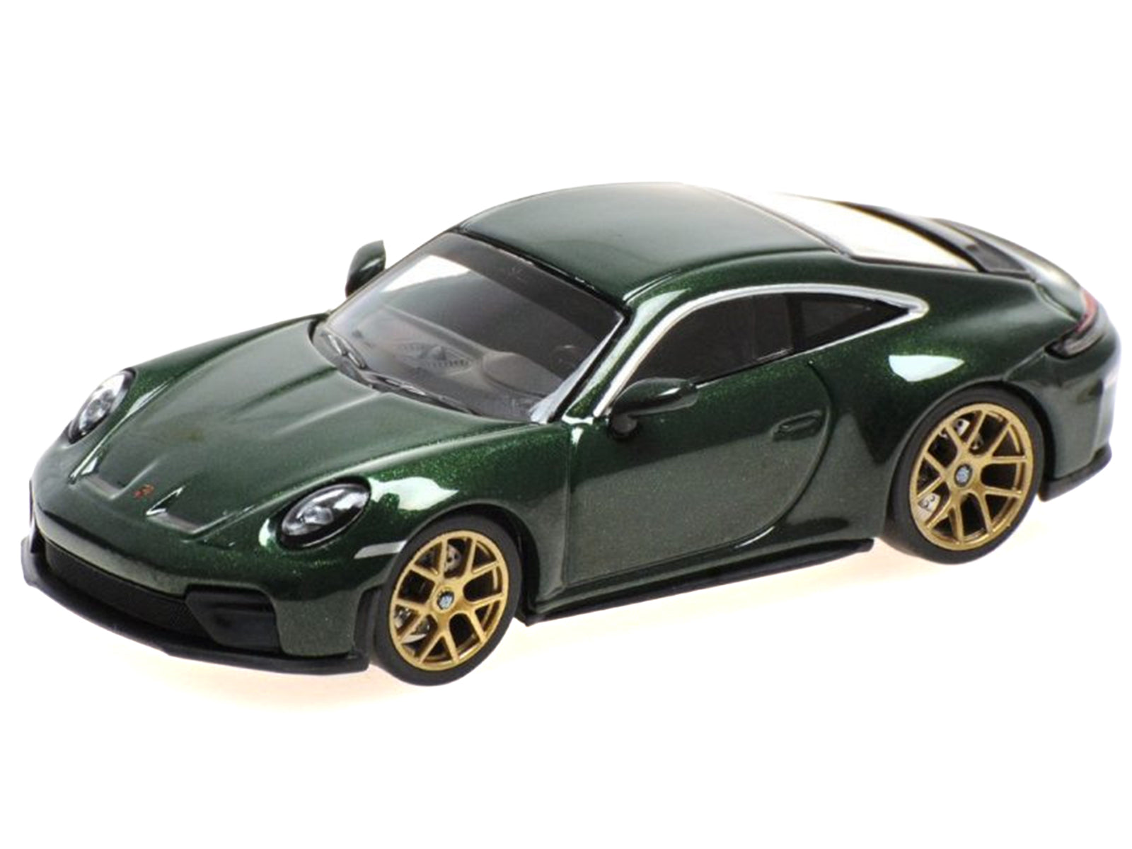Green sports car with gold wheels.
