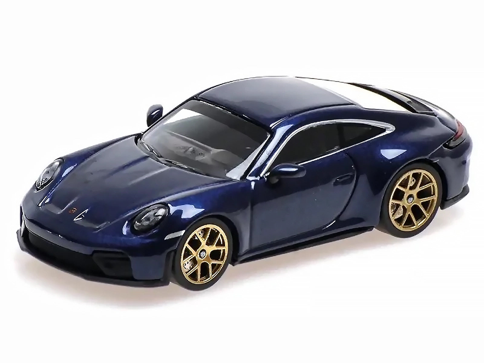 Blue sports car with gold wheels.