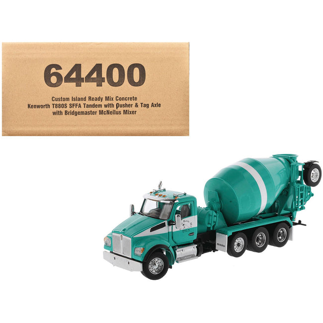 Kenworth T880S SFFA Tandem with Pusher and Tag Axle with Bridgemaster McNeilus Mixer "Island Ready Mix" Green and White Limited Edition to 500 pieces Worldwide "Transport Series" 1/50 Diecast Model by Diecast Masters