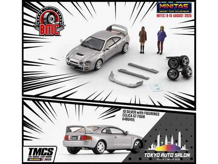 Silver Celica GT Four model with figurines, 64B0415