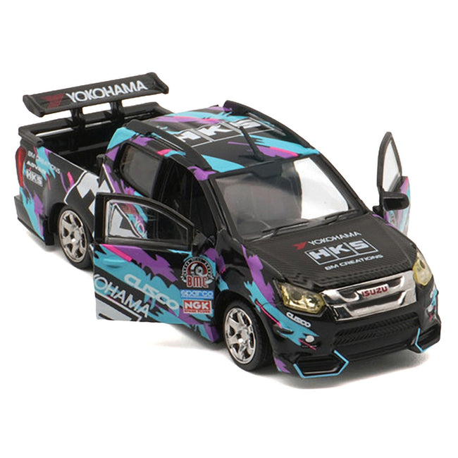 Isuzu D-Max Lowrider Pickup Truck RHD (Right Hand Drive) "HKS" Black with Graphics "Thailand Diecast Expo 2025" 1/64 Diecast Model Car by BM Creations
