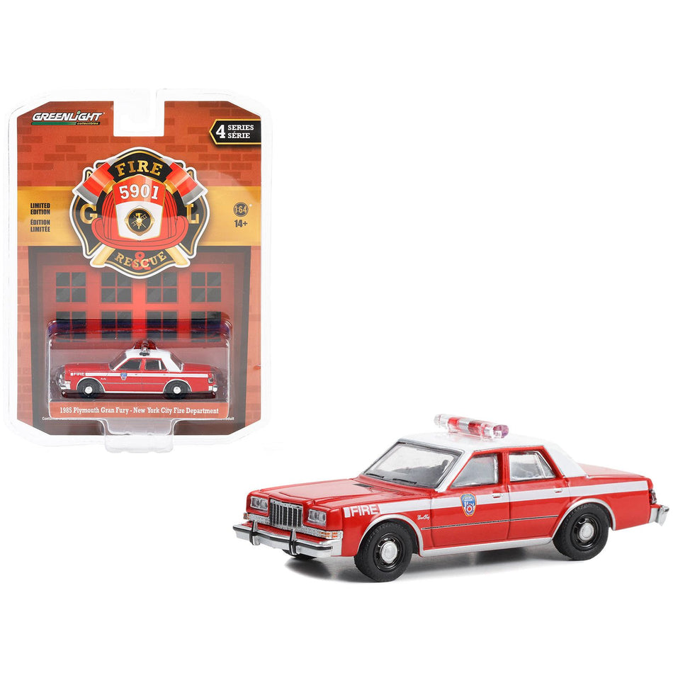 1985 Plymouth Gran Fury Red with White Top "FDNY (The Official Fire Department City of New York)" "Fire & Rescue" Series 4 1/64 Diecast Model Car by Greenlight Diecast Greenlight