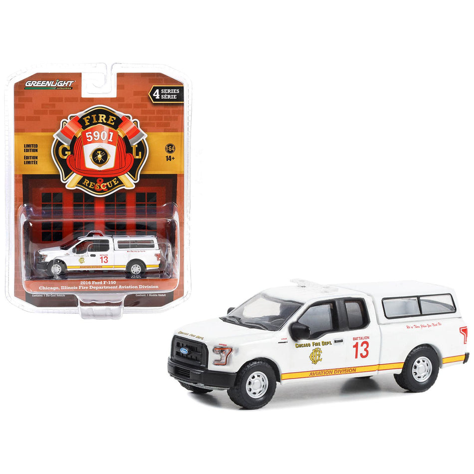 2016 Ford F-150 Pickup Truck with Camper Shell White "Chicago Fire Dept. Aviation Division Chicago Illinois" "Fire & Rescue" Series 4 1/64 Diecast Model Car by Greenlight