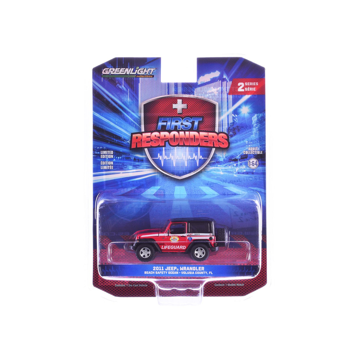 2011 Jeep Wrangler "Volusia County Florida Beach Safety Ocean Rescue Lifeguard/EMT" Red with White Stripes "First Responders" Series 2 1/64 Diecast Model Car by Greenlight