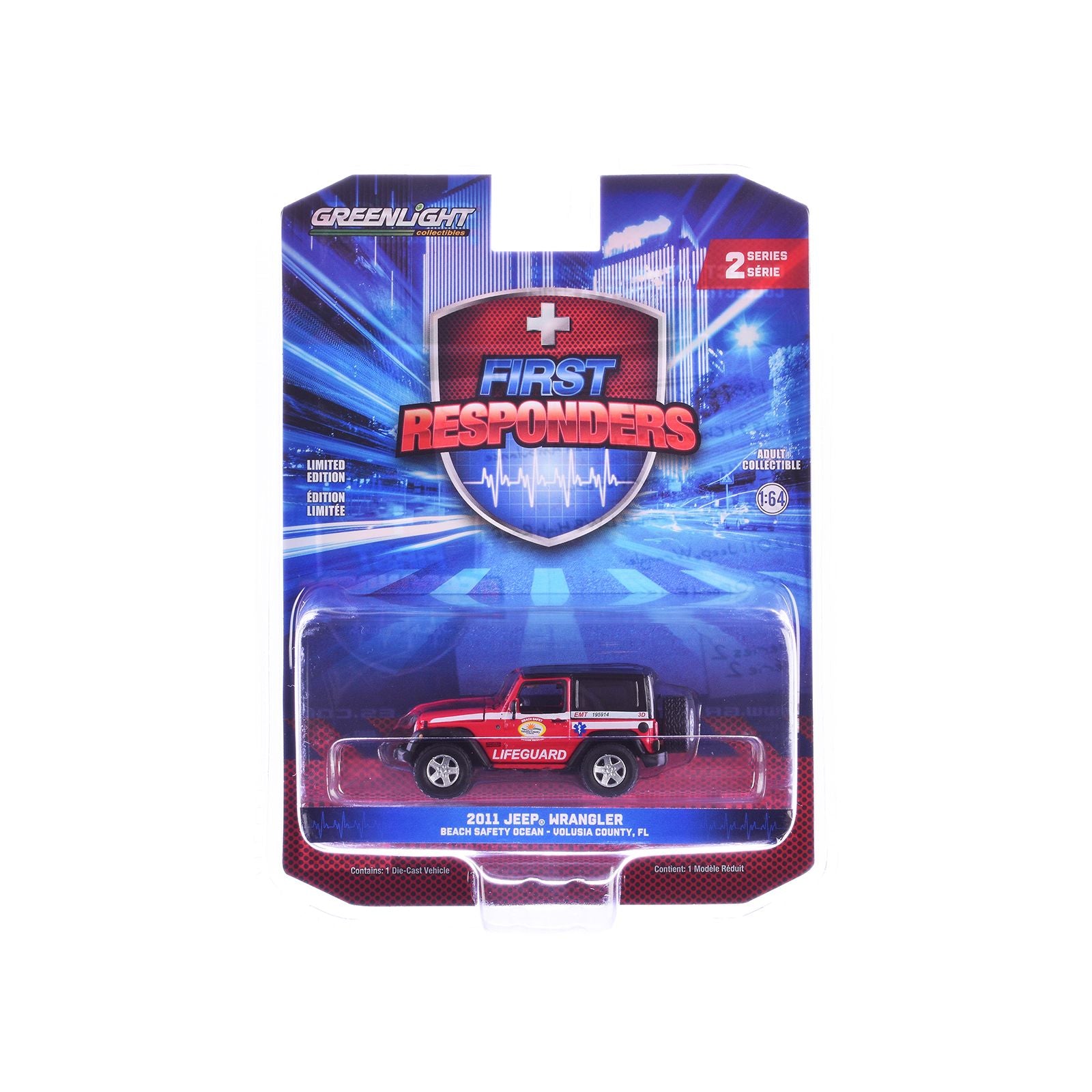 2011 Jeep Wrangler "Volusia County Florida Beach Safety Ocean Rescue Lifeguard/EMT" Red with White Stripes "First Responders" Series 2 1/64 Diecast Model Car by Greenlight