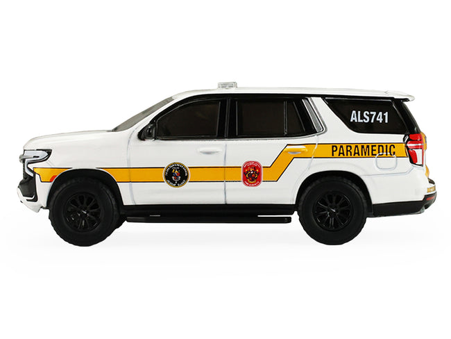 2024 Chevrolet Tahoe "Montgomery County Maryland Fire & Rescue Bethesda-Chevy Chase Rescue Squad" White with Yellow Stripes "Fire & Rescue" Series #5 1/64 Diecast Model Car by Greenlight