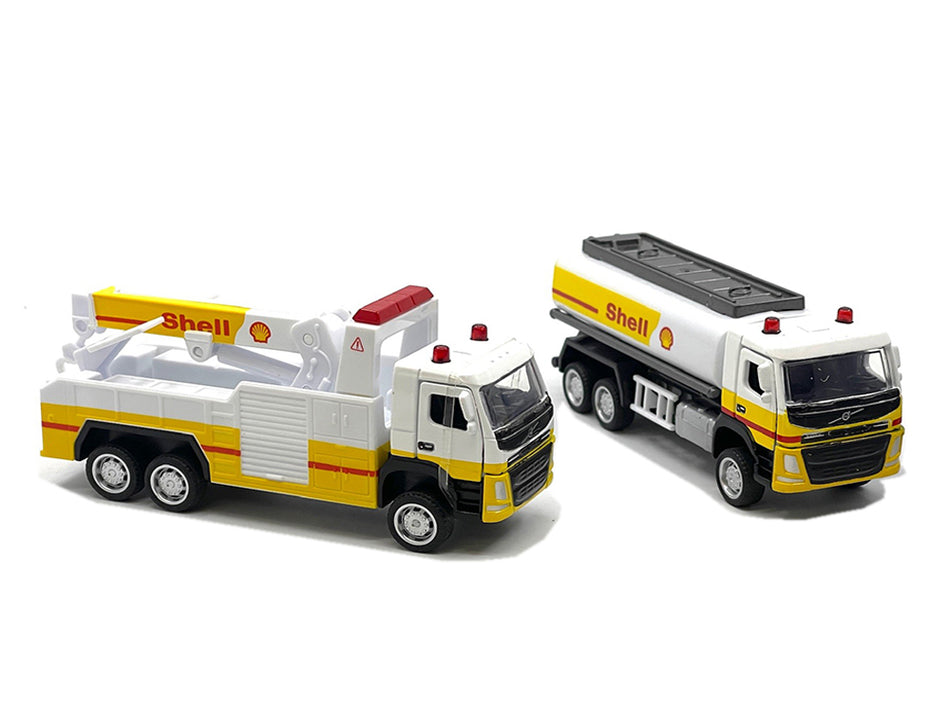 Shell Gas Station Playset with Volvo Oil Tanker and Volvo Tow Truck Diorama Set