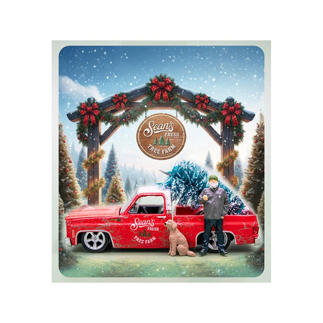 1977 Chevrolet Silverado 10 Pickup Truck "Sean's Fresh Tree Farm" Red with White Top (Weathered) with 2 Figures and Tree Limited Edition to 6600 pieces Worldwide 1/64 Diecast Model Car by M2 Machines