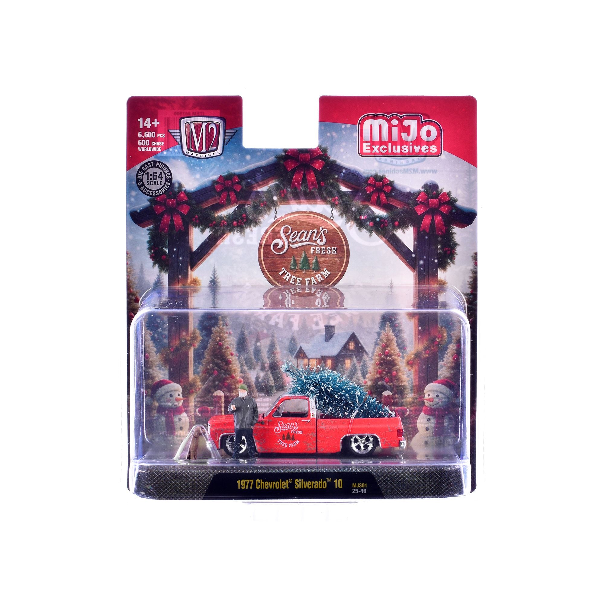 1977 Chevrolet Silverado 10 Pickup Truck "Sean's Fresh Tree Farm" Red with White Top (Weathered) with 2 Figures and Tree Limited Edition to 6600 pieces Worldwide 1/64 Diecast Model Car by M2 Machines