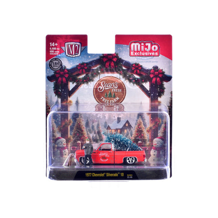 1977 Chevrolet Silverado 10 Pickup Truck "Sean's Fresh Tree Farm" Red with White Top (Weathered) with 2 Figures and Tree Limited Edition to 6600 pieces Worldwide 1/64 Diecast Model Car by M2 Machines