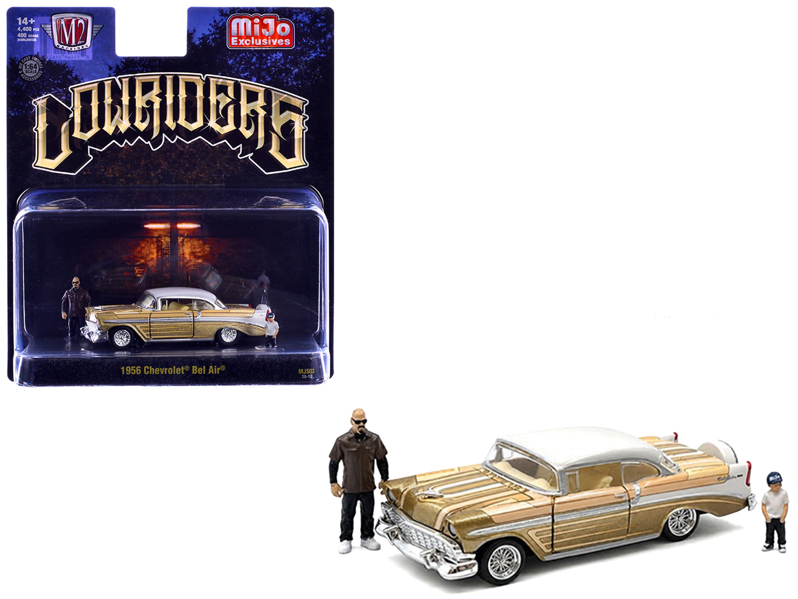 1956 Chevrolet Bel Air Lowrider Gold Metallic with Gold Interior and White Top with 2 Figures Limited Edition to 4400 pieces Worldwide 1/64 Diecast Model Car by M2 Machines