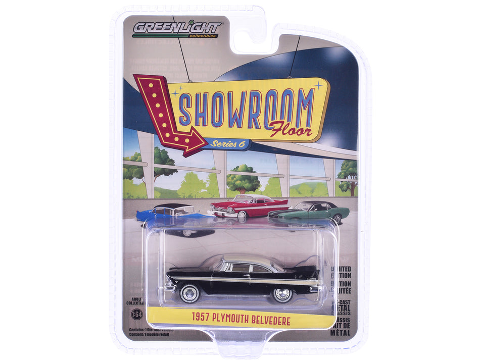 1957 Plymouth Belvedere Jet Black with Sand Dune White Top and Stripes "Showroom Floor" Series 6 1/64 Diecast Model Car by Greenlight