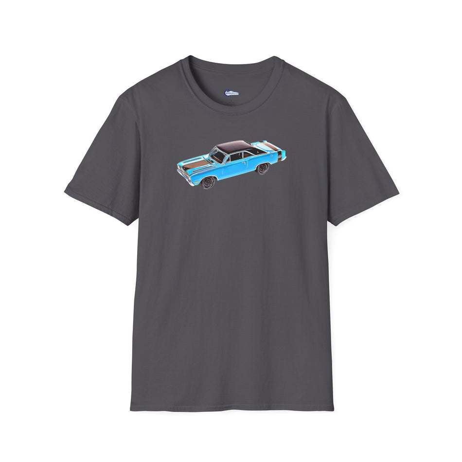 Cartoon Art 1969 Dodge Dart GTS 340 Blue with Black Top and Stripes "Goodyear Blue Streak"  Inspired T-Shirt - American Muscle