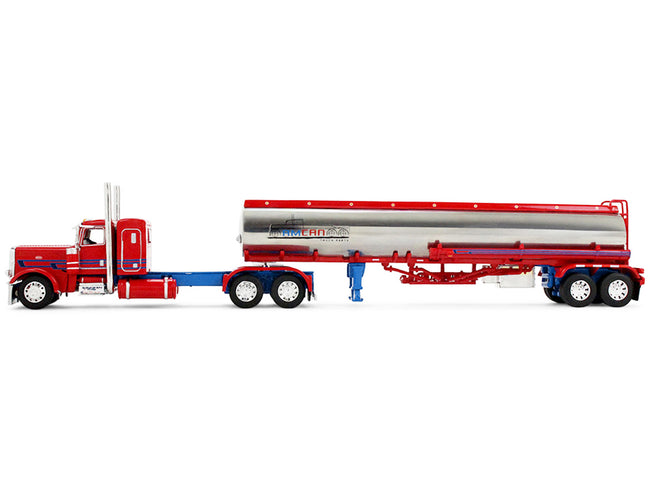 Red and silver semi truck with tanker trailer.