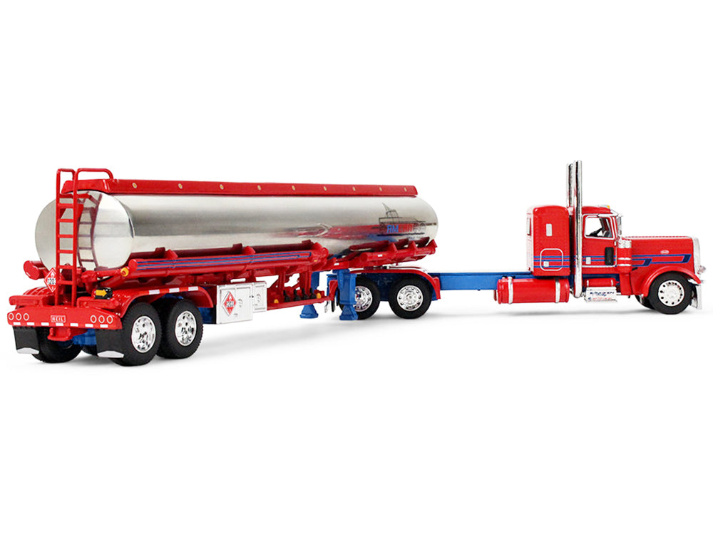 Red tanker truck and trailer.