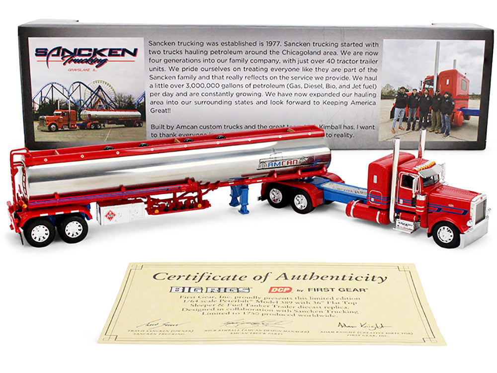 Red and silver tanker truck model.