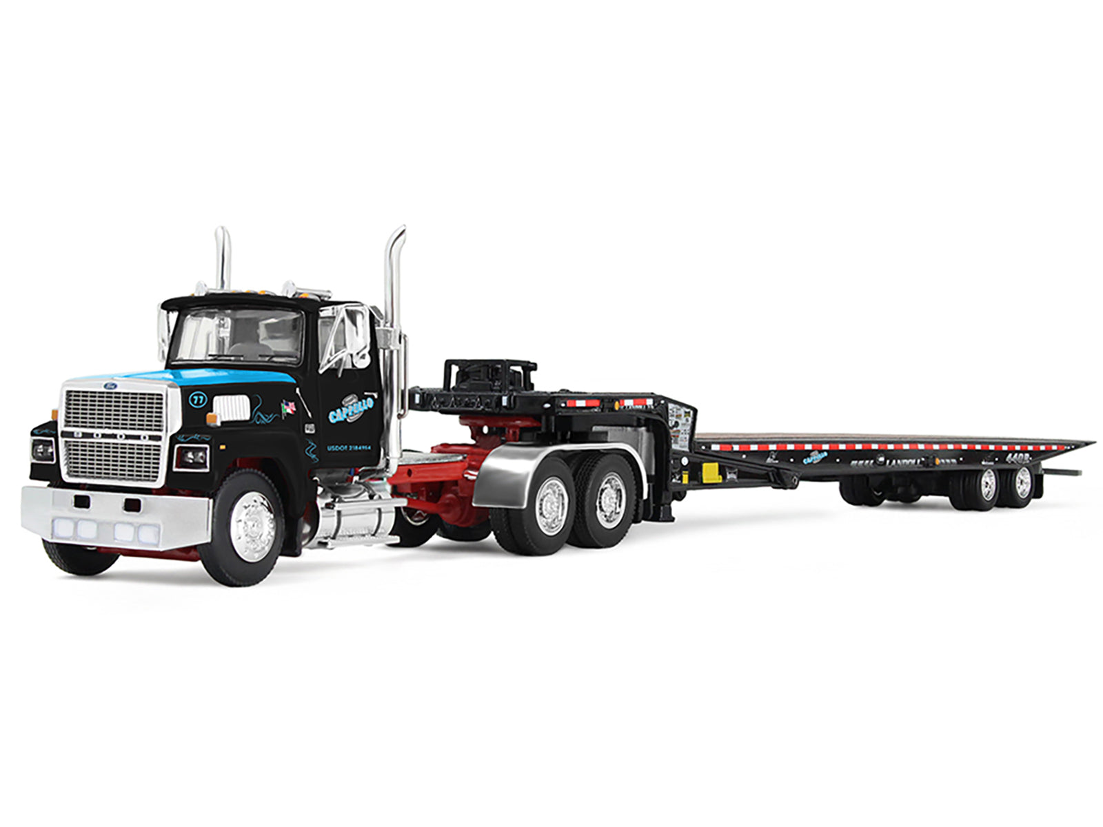 Black semi-truck with trailer on white background.