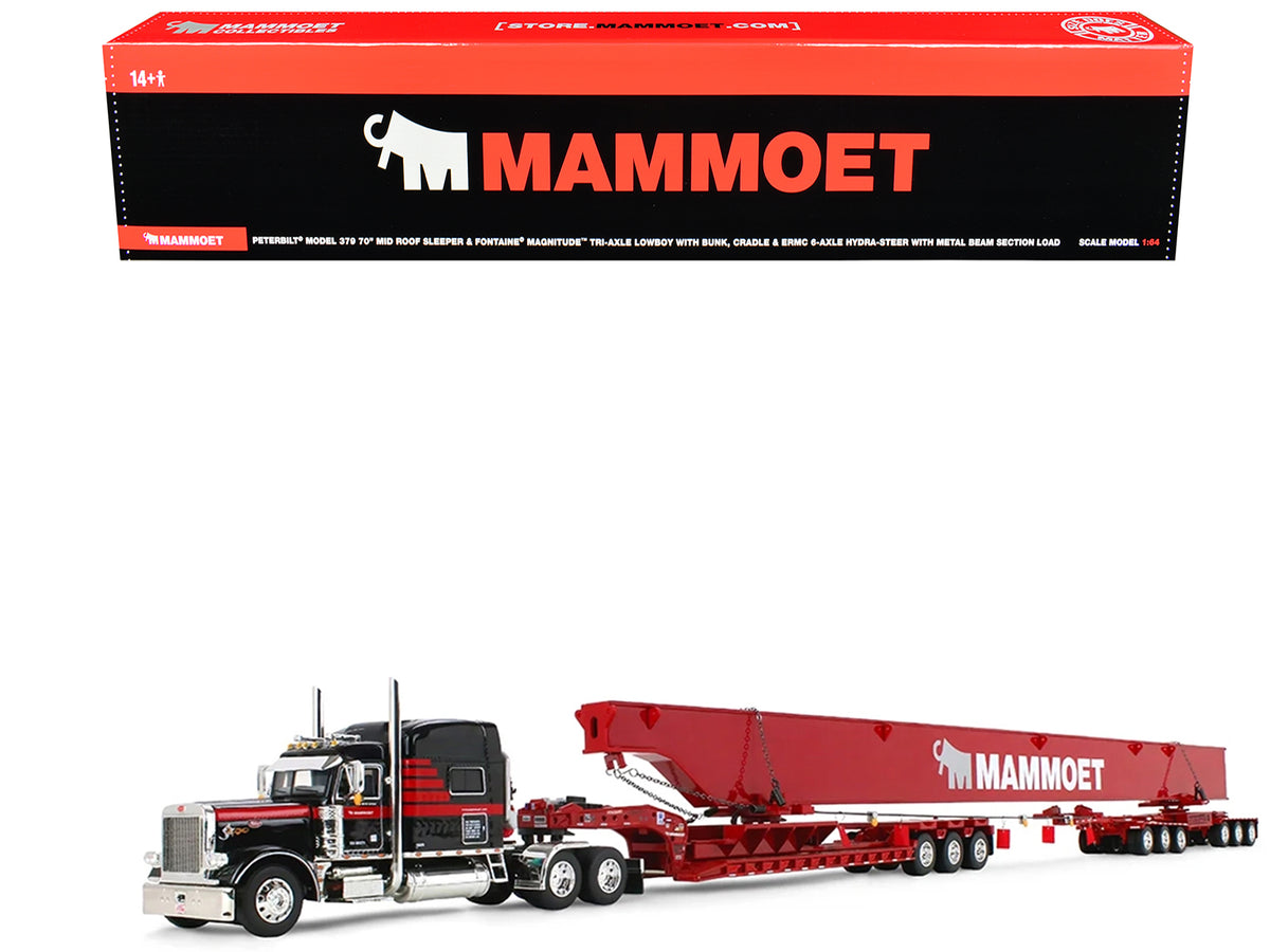 Peterbilt 379 with 70" Mid-Roof Sleeper and Fontaine Magnitude Lowboy with Bunk and ERMC 6-Axle Hydra Steer with Bridge Beam Section Load "Mammoet" Black with Red Stripes 1/64 Diecast Model by DCP/First Gear
