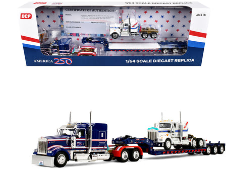 Kenworth W900L with 72" Aerocab Flat Top Sleeper Blue with White Stripes and Fontaine Magnitude Lowboy Trailer with Kenworth W900A Load White with Blue and Red Stripes "America 250" 1/64 Diecast Model by DCP/First Gear