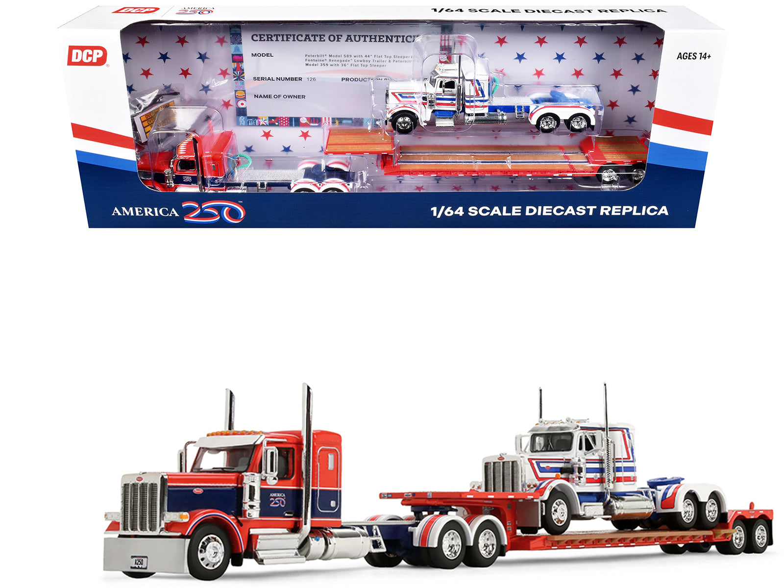 Peterbilt 589 with 44" Flat Top Sleeper Red with Blue Stripes and Fontaine Renegade LXT40 Lowboy Trailer with Peterbilt 359 Load White with Blue and Red Stripes "America 250" 1/64 Diecast Model by DCP/First Gear