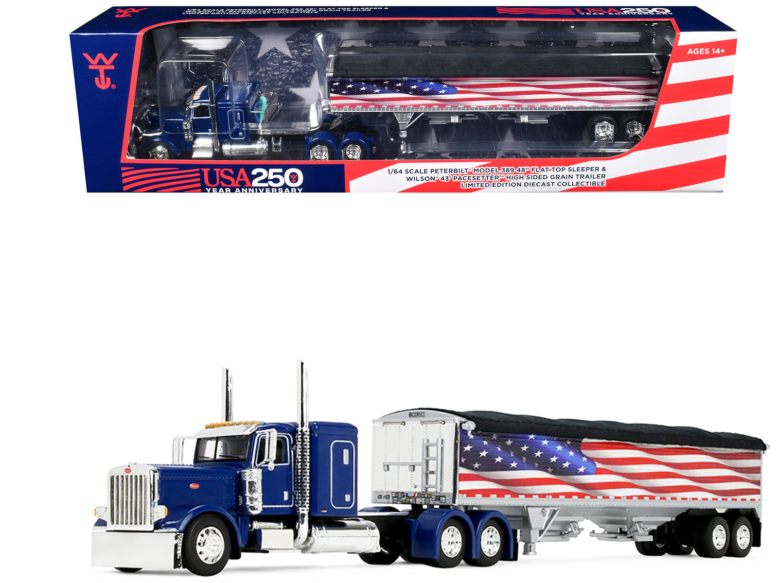 Peterbilt 389 with 48" Flat Top Sleeper and 43' Wilson Pacesetter High Side Grain Trailer "Wilson USA 250" Blue 1/64 Diecast Model by DCP/First Gear