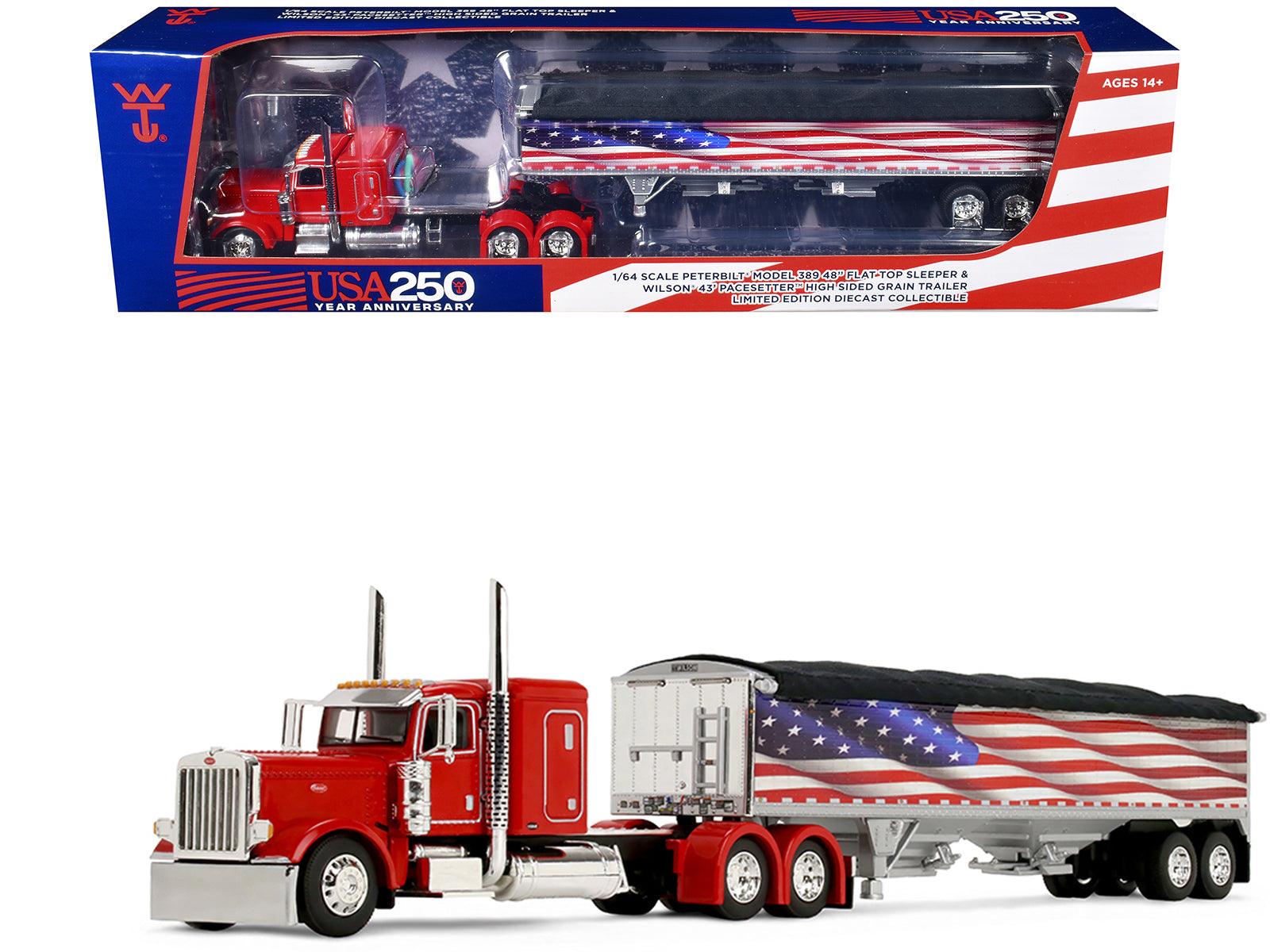 Peterbilt 389 with 48" Flat Top Sleeper and 43' Wilson Pacesetter High Side Grain Trailer "Wilson USA 250" Red 1/64 Diecast Model by DCP/First Gear
