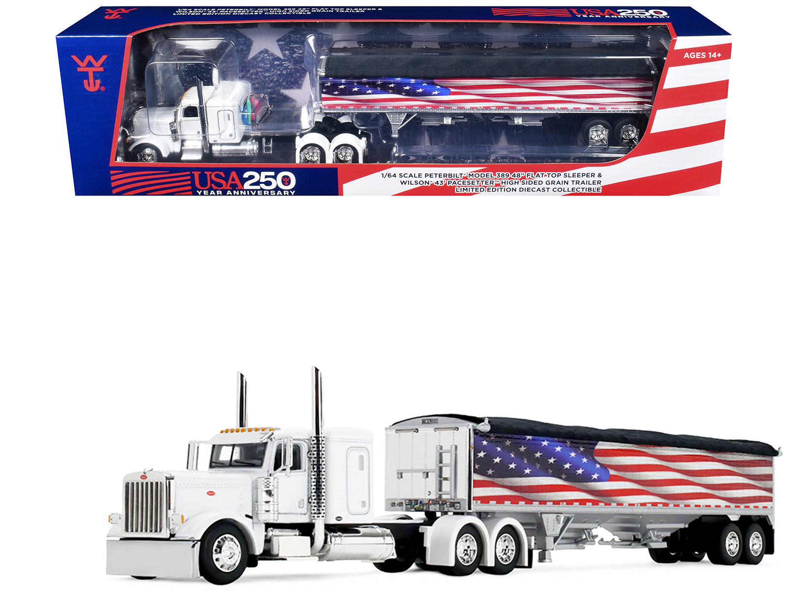 Peterbilt 389 with 48" Flat Top Sleeper and 43' Wilson Pacesetter High Side Grain Trailer "Wilson USA 250" White 1/64 Diecast Model by DCP/First Gear