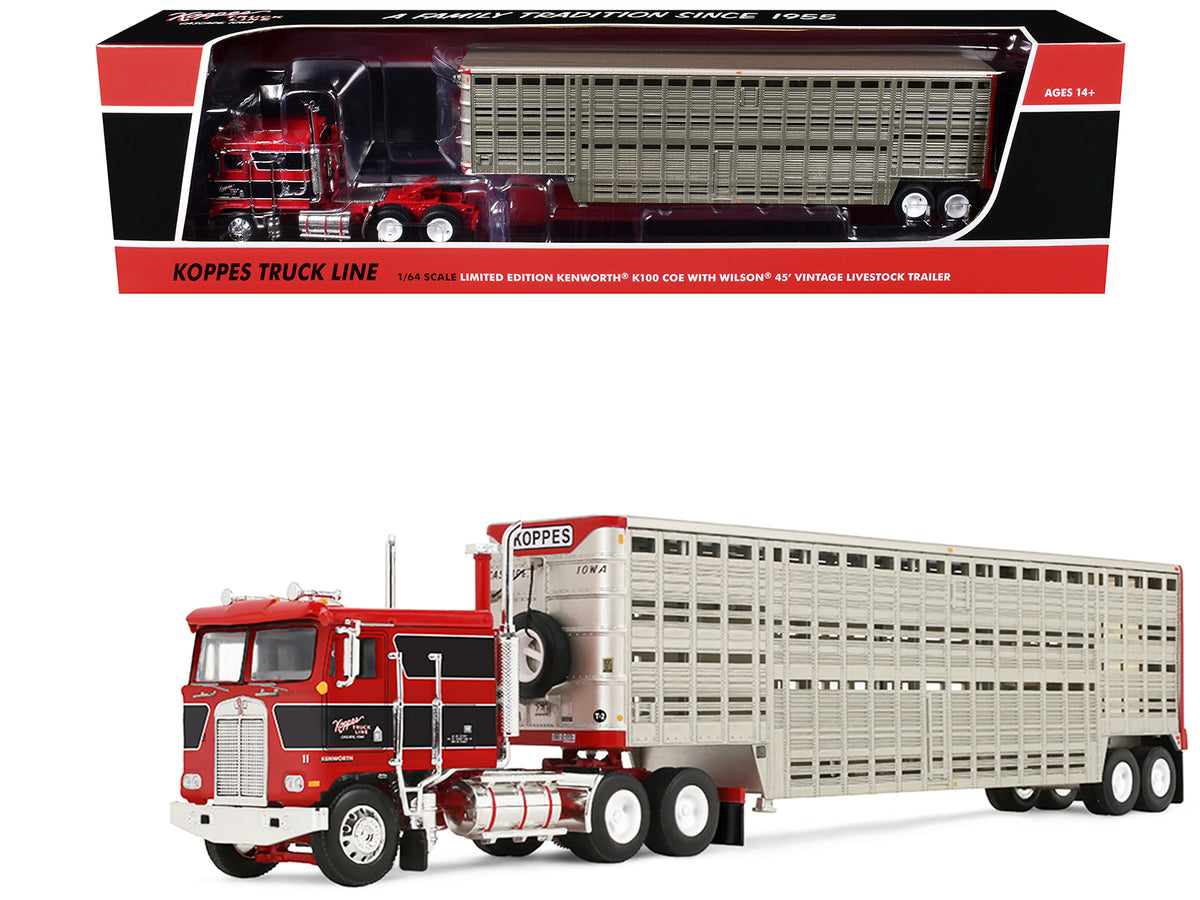 Kenworth K100 COE Flat Top and 45' Wilson Vintage Livestock Trailer "Koppes Truck Line" Red with Black Stripes 1/64 Diecast Model by First Gear