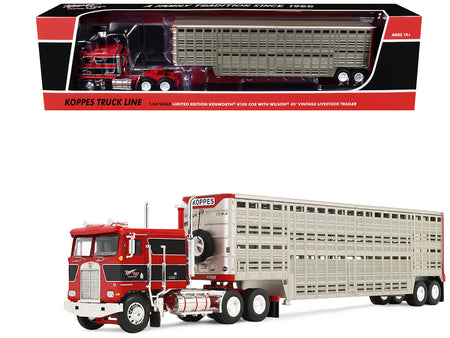 Kenworth K100 COE Flat Top and 45' Wilson Vintage Livestock Trailer "Koppes Truck Line" Red with Black Stripes 1/64 Diecast Model by First Gear