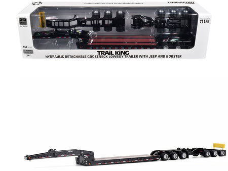 Trail King TK170 Hydraulic Detachable Gooseneck Lowboy Trailer Black with Jeep and Booster "Transport Series" 1/64 Diecast Model by Diecast Masters