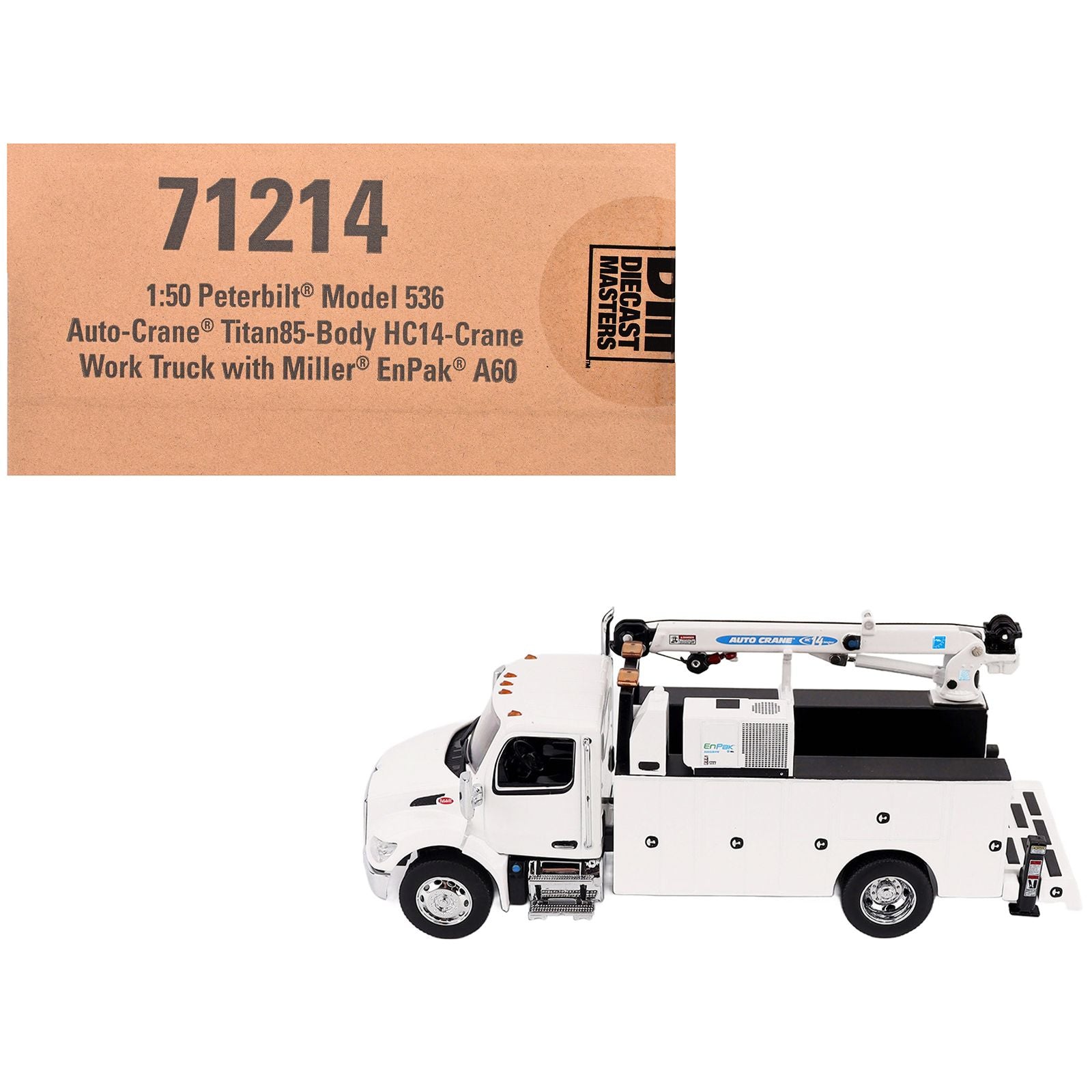 Peterbilt 536 Auto-Crane Titan85-Body HC14-Crane Work Truck with Miller EnPak White "Transport Series" 1/50 Diecast Model by Diecast Masters