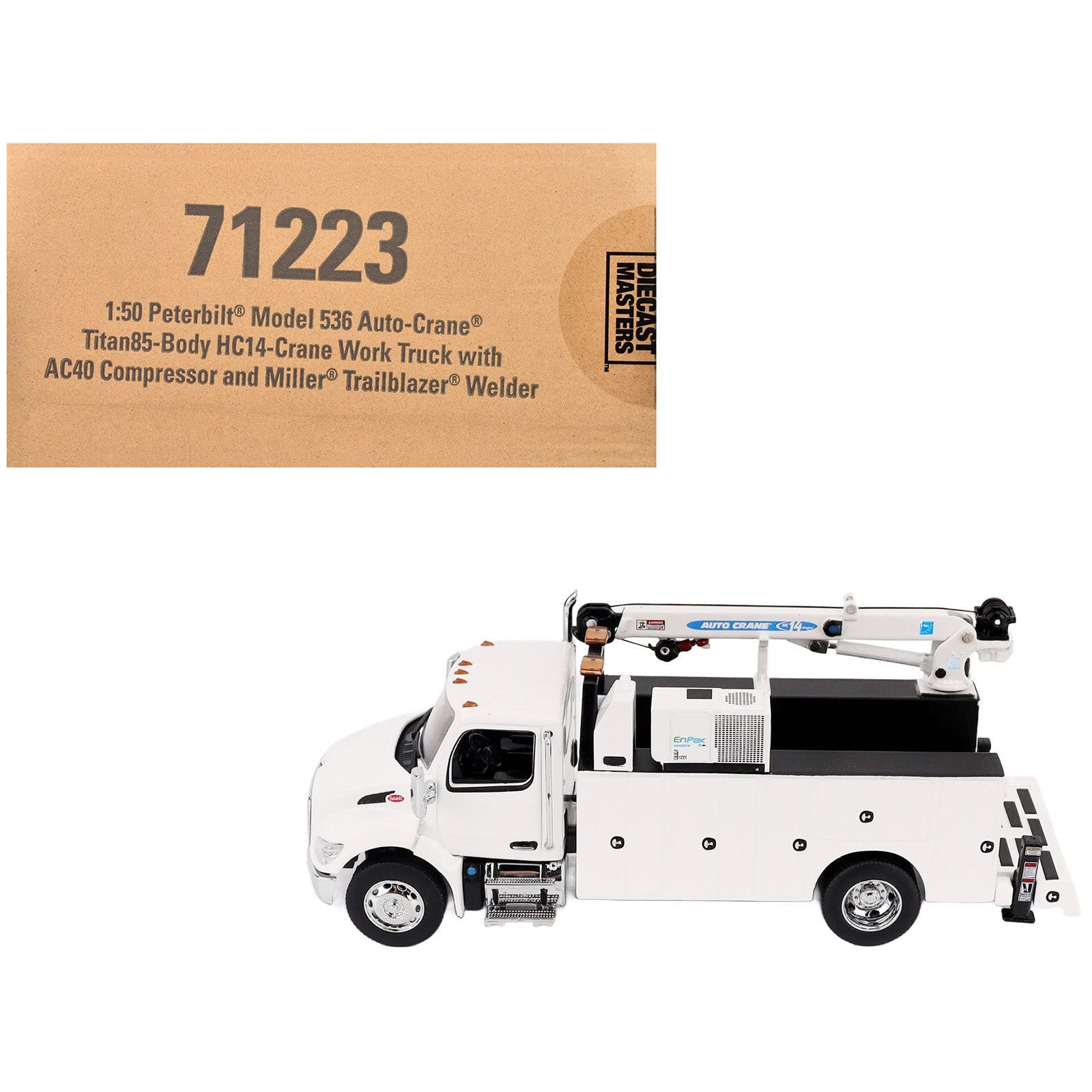 Peterbilt 536 Auto-Crane Titan 85-Body HC14-Crane Work Truck with Miller EnPak White "Transport Series" 1/50 Diecast Model by Diecast Masters