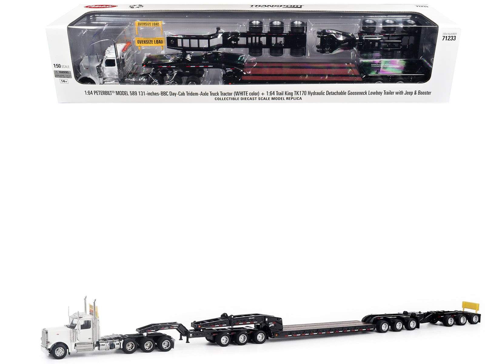 Peterbilt 589 Tridem-Axle Truck Tractor with Day Cab and Trail King TK170 Hydraulic Detachable Gooseneck Lowboy Trailer with Jeep and Booster White "Transport Series" 1/64 Diecast Model by Diecast Masters