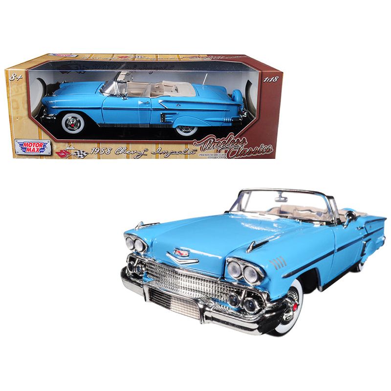 1958 Chevrolet Impala Convertible Light Blue "Timeless Classics" 1/18 Diecast Model Car by Motormax