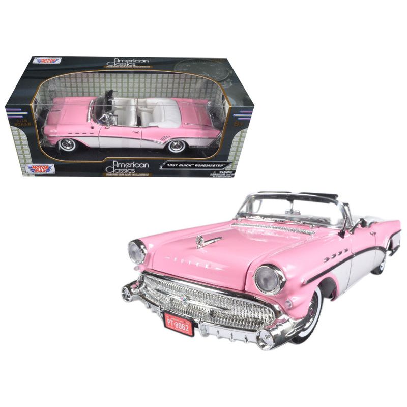 1957 Buick Roadmaster Convertible Pink and White 1/18 Diecast Model Car by Motormax