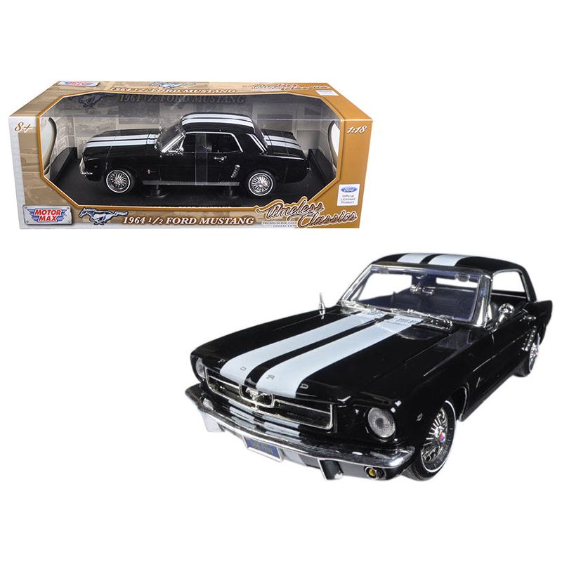 1964 1/2 Ford Mustang Hard Top Black with White Stripes 1/18 Diecast Model Car by Motormax