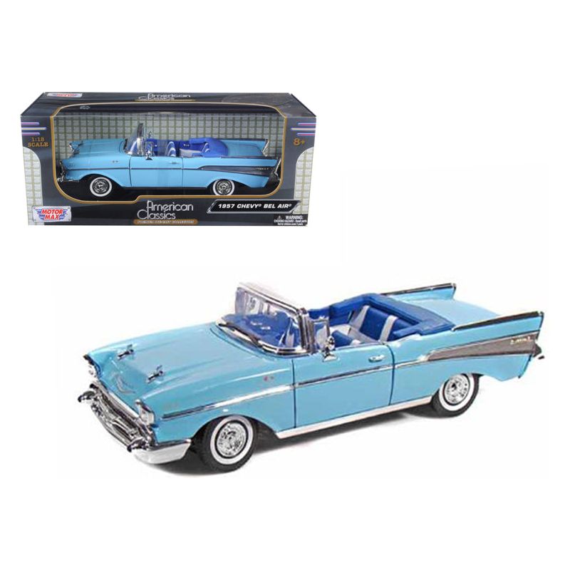 1957 Chevrolet Bel Air Convertible Light Blue with Blue Interior 1/18 Diecast Model Car by Motormax