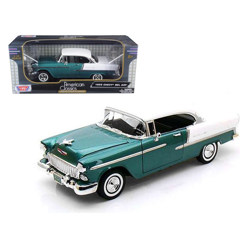 1955 Chevrolet Bel Air Hard Top Green Metallic and White 1/18 Diecast Model Car by Motormax