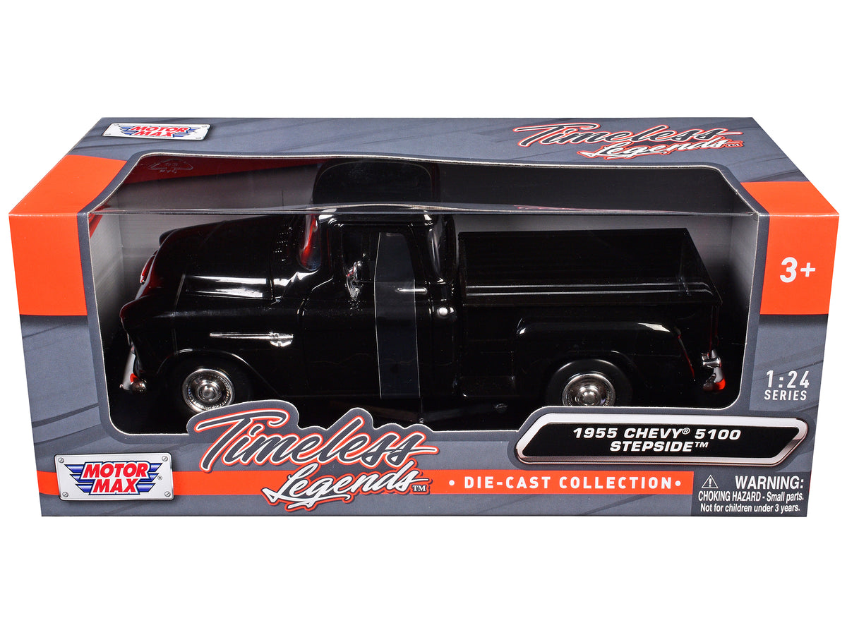 1955 Chevrolet 5100 Stepside Pickup Truck Black 1/24 Diecast Car Model by Motormax - view 3