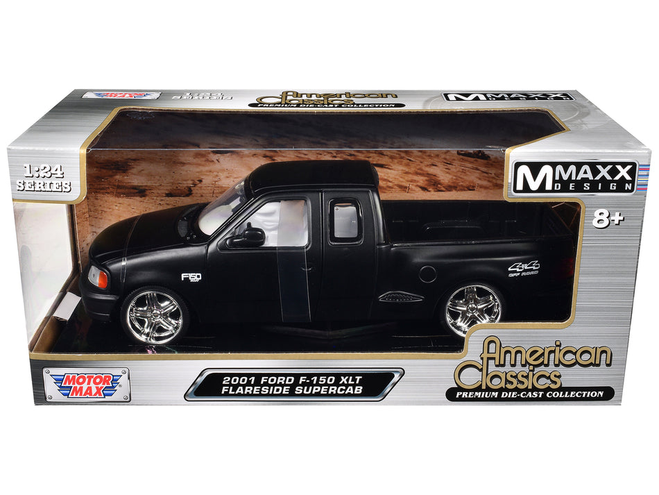 2001 Ford F-150 XLT Flareside Supercab Pickup Truck Matt Black with White Interior "Maxx Design" "American Classics" Series 1/24 Diecast Model Car by Motormax