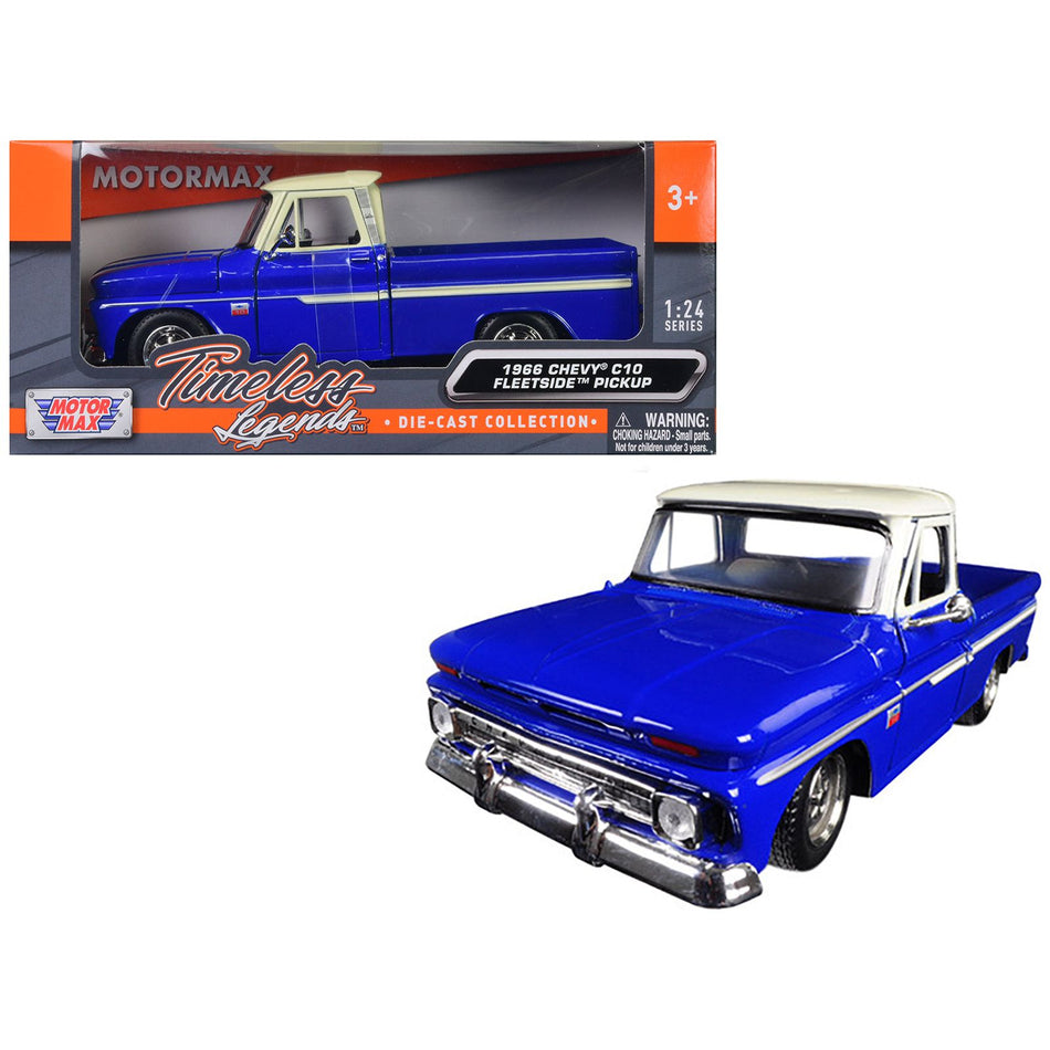 1966 Chevrolet C10 Fleetside Pickup Truck Blue with Cream Top 1/24 Diecast Model Car by Motormax