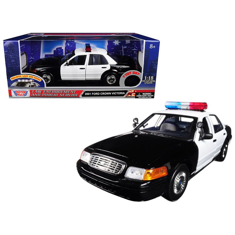 2001 Ford Crown Victoria Police Car Plain Black & White with Flashing Light Bar & Front and Rear Lights and Sound 1/18 Diecast Model Car by Motormax