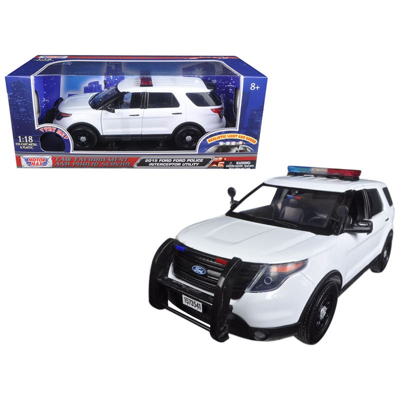 2015 Ford Police Interceptor Utility White with Flashing Light Bar and Front and Rear Lights and 2 Sounds 1/18 Diecast Model Car by Motormax