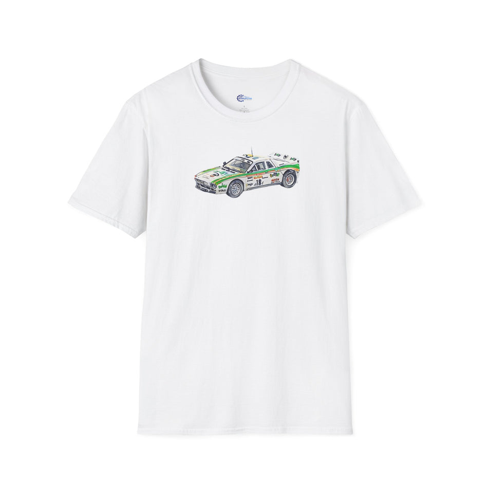 Lancia 037 Rally #18 Miki Biasion - Tiziano Siviero "Rallye Sanremo" (1983) - Cartoon Art  - Unisex T-Shirt