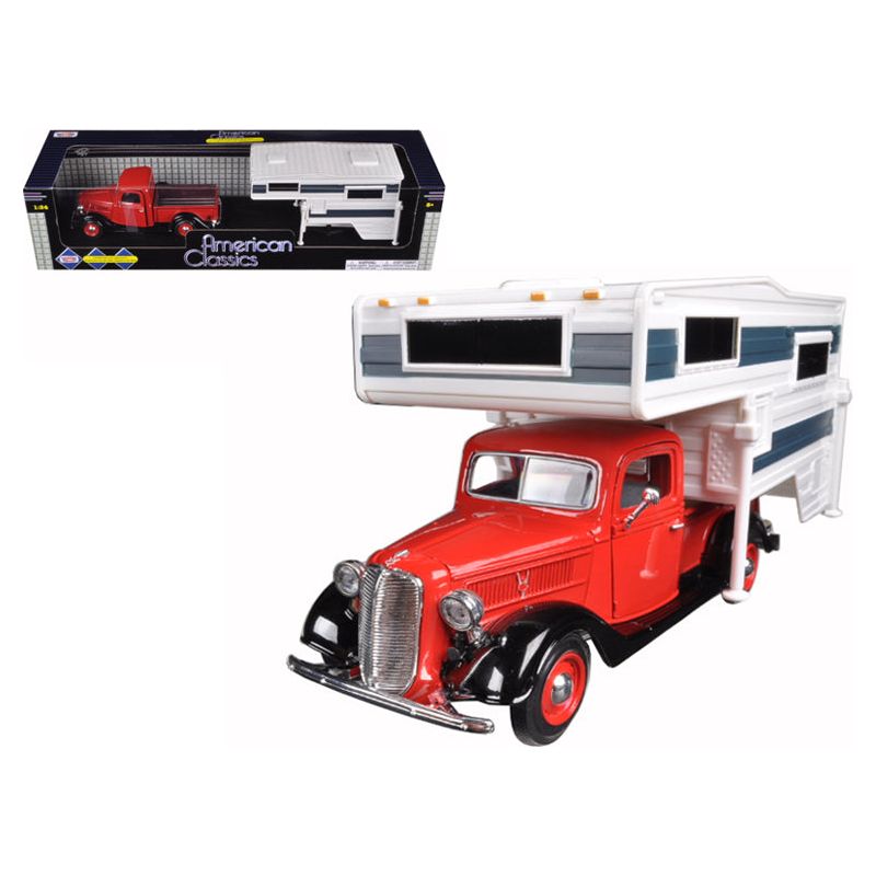 1937 Ford Pickup Truck with Camper Shell Red and White 1/24 Diecast Model Car by Motormax