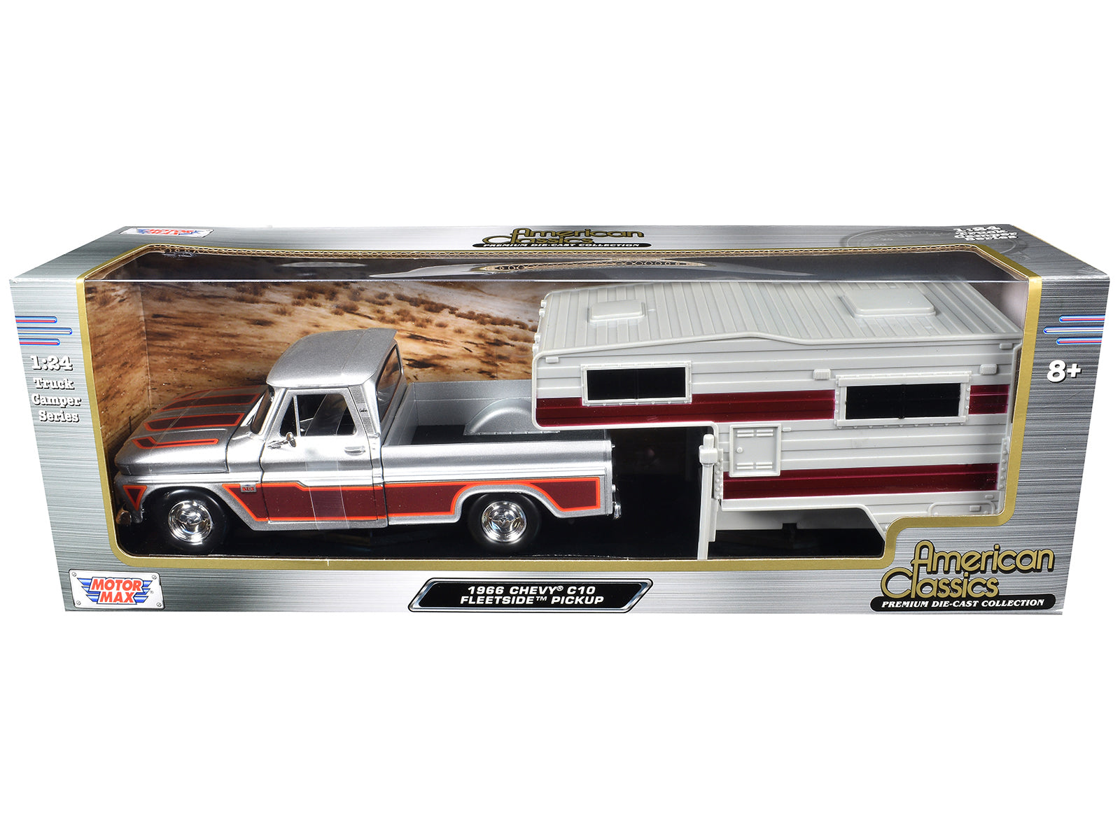 1966 Chevrolet C10 Fleetside Pickup Truck Silver Metallic with Brown Sides with Camper Shell "American Classics" Series 1/24 Diecast Model Car by Motormax