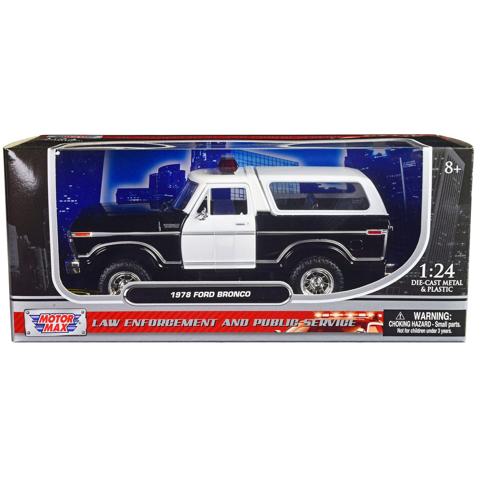 1978 Ford Bronco Police Car Unmarked Black and White "Law Enforcement and Public Service" Series 1/24 Diecast Model Car by Motormax